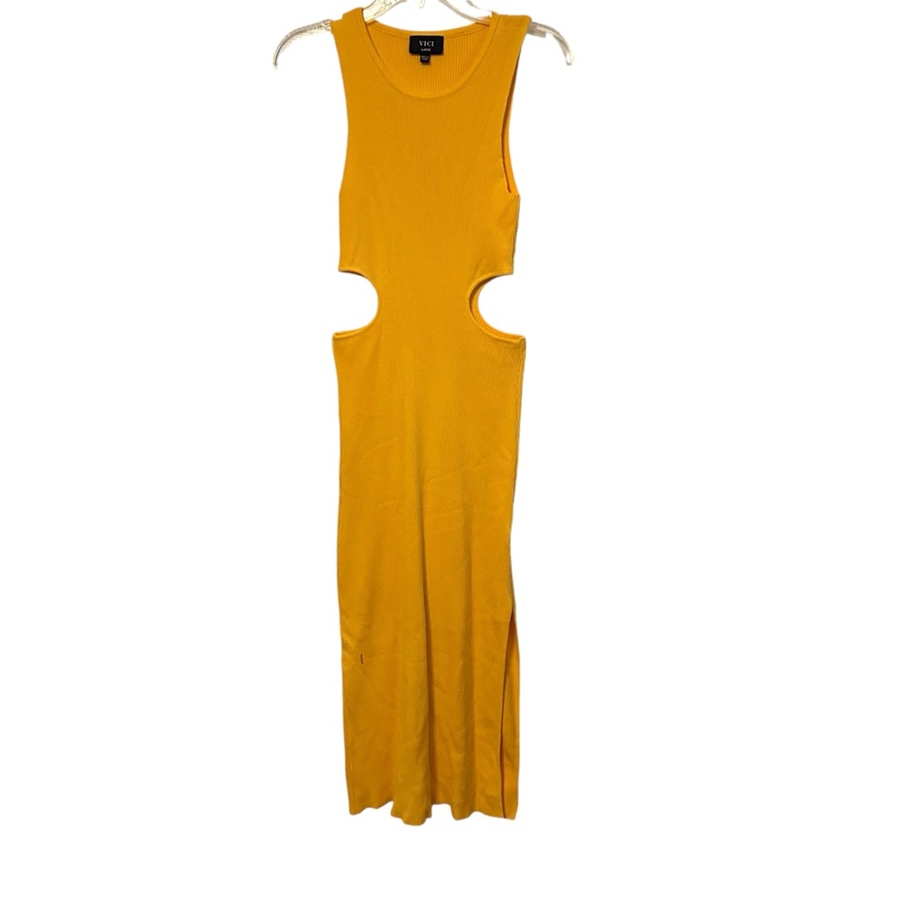 Vici Ribbed Golden Yellow Sleeveless Waist Cut Open Leg Slit Midi Dress L